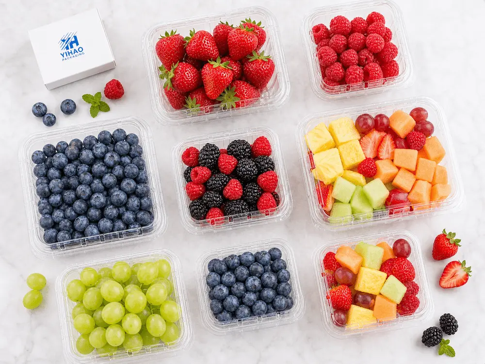 Clear PET Produce Packaging FAQ: Materials, Sizes, Uses, and Ordering Questions 5 Overhead view of clear PET fruit containers for different portions of blueberries, strawberries, grapes, berries, and fresh-cut fruit