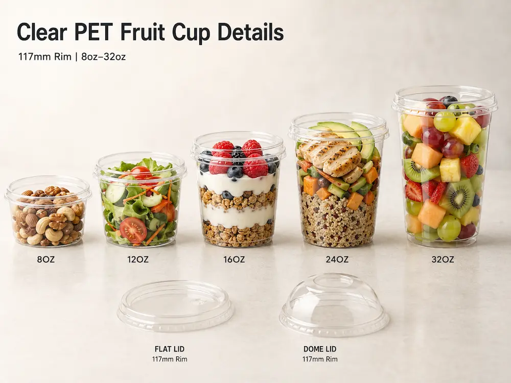 Clear PET Fruit Cups vs Alternative Packaging: How Buyers Should Choose 2 Clear PET fruit cup details with 117mm rim and 8oz to 32oz capacity options