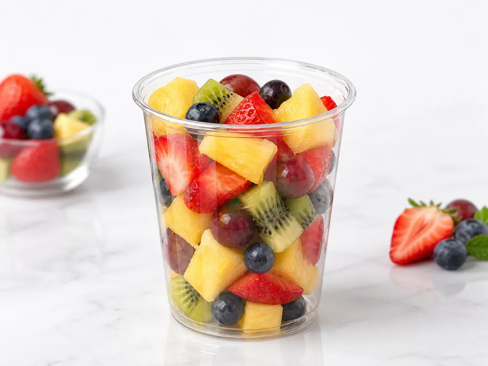 Clear PET fruit cup filled with pineapple, strawberry, kiwi, grapes, and blueberries for fresh-cut fruit packaging
