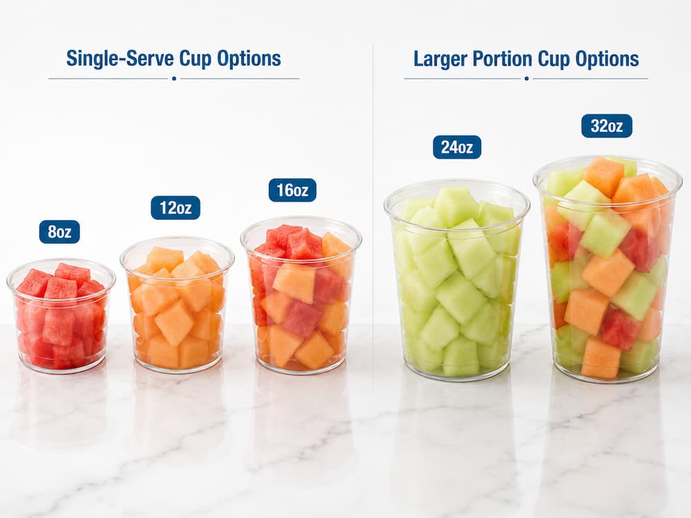 Fresh-Cut Melon Containers FAQ: Materials, Sizes, Uses, and Ordering Questions 3 Clear PET fruit cup size options from 8oz to 32oz filled with fresh-cut melon cubes.
