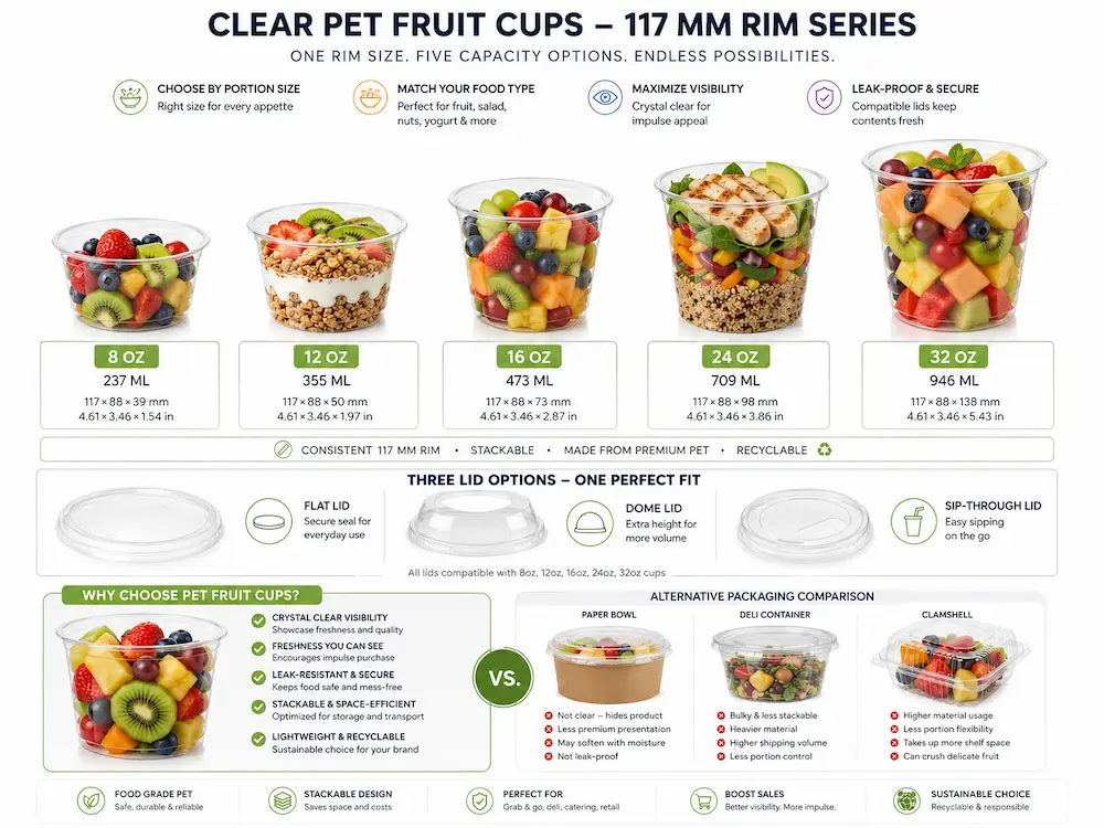 Clear PET Fruit Cups vs Alternative Packaging: How Buyers Should Choose 6 Clear PET fruit cups 117mm rim series with five capacity options and lid compatibility