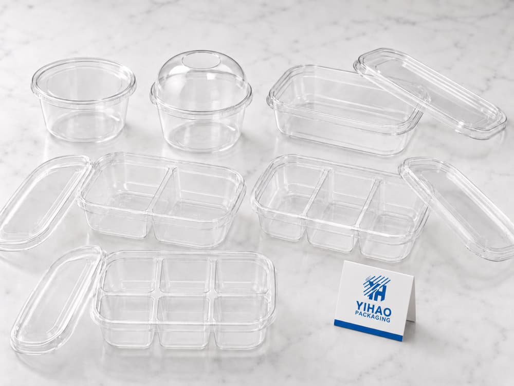 Clear PET fruit cups, bowls, lids, and compartment containers displayed as packaging samples.