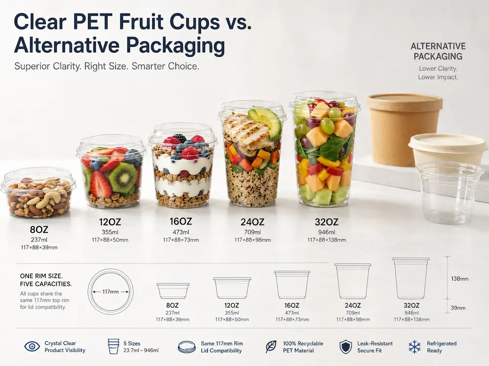Clear PET Fruit Cups vs Alternative Packaging: How Buyers Should Choose 4 Clear PET fruit cups vs alternative packaging for fresh-cut fruit display