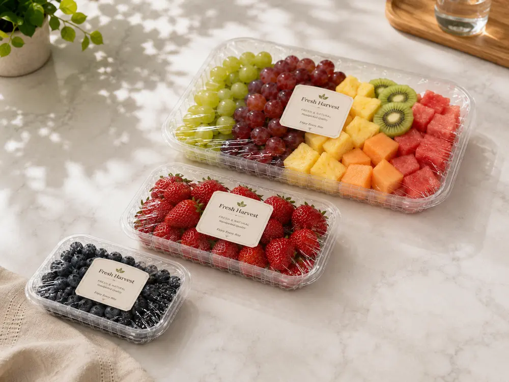 Wholesale Fruit Display Trays: Manufacturer and Supplier Checklist 3 Clear PET fruit display tray samples in multiple sizes with YIHAO Packaging branding.