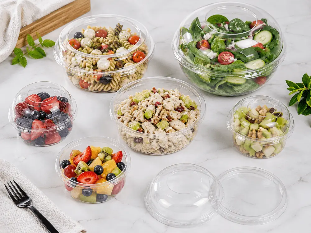 Clear PET containers for fruit cups, salads, pasta salad, and chilled ready-to-eat food packaging