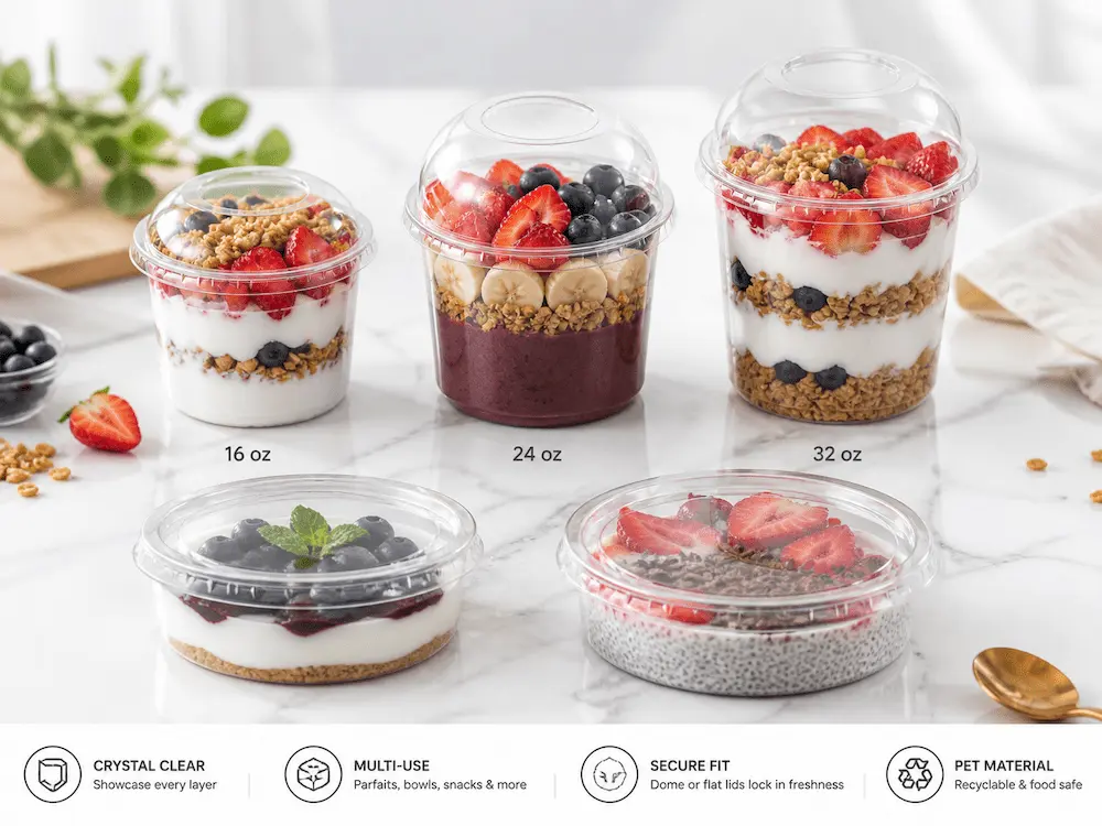 Clear PET fruit salad containers for yogurt parfaits, berry parfaits, desserts, and multi-use food packaging