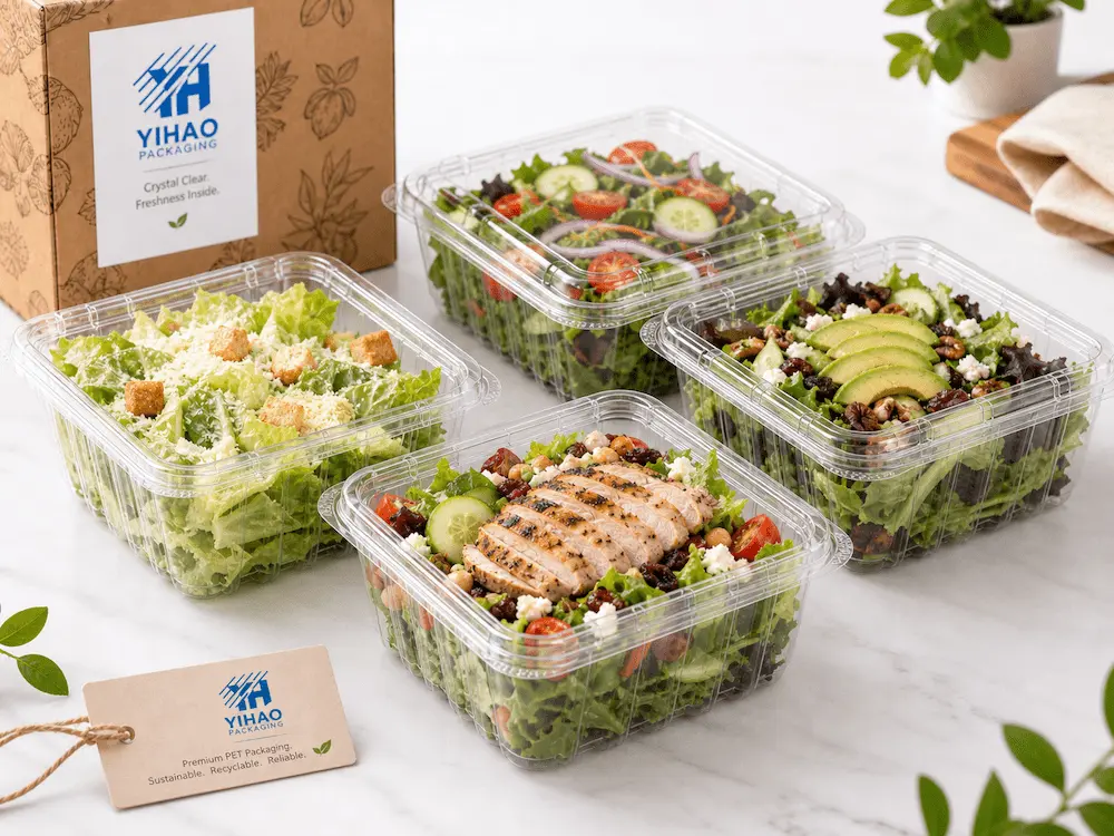 Clear PET hinged containers for salad, avocado salad, and grilled chicken salad cold display