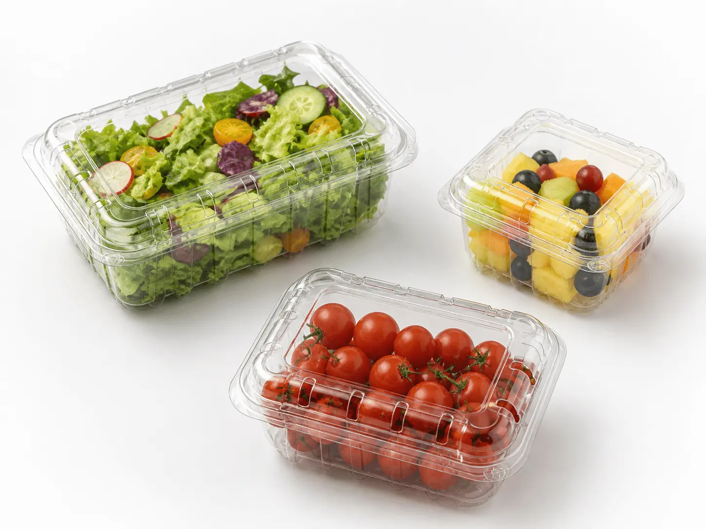 Clear PET hinged containers for salad, cut fruit, and cherry tomato packaging
