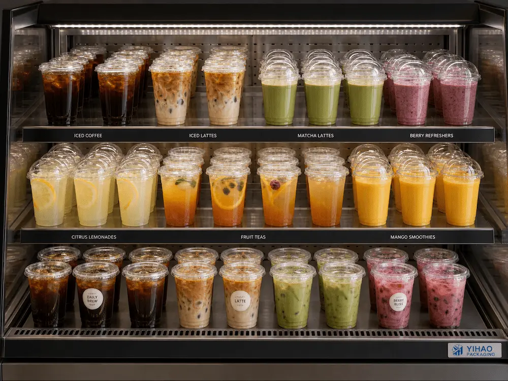 Clear PET iced coffee cups, latte cups, matcha cups, lemonade cups, and smoothie cups in retail cold shelf display