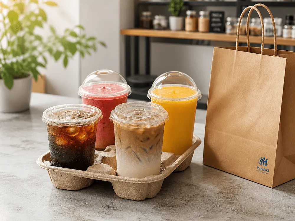 Clear PET iced coffee cups with cup carrier and paper bag for café takeaway drink packaging
