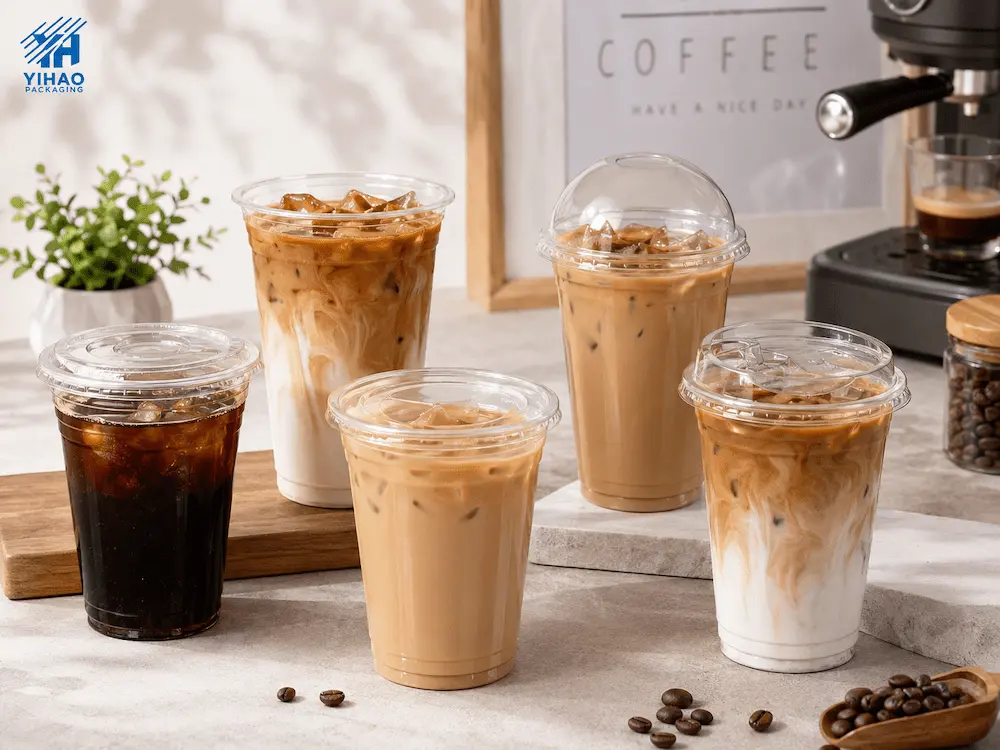 Iced Coffee Cups Complete Guide for Cafes and Drink Chains 2 Clear PET iced coffee cups with flat dome and sip-through lids for cafes and drink chains