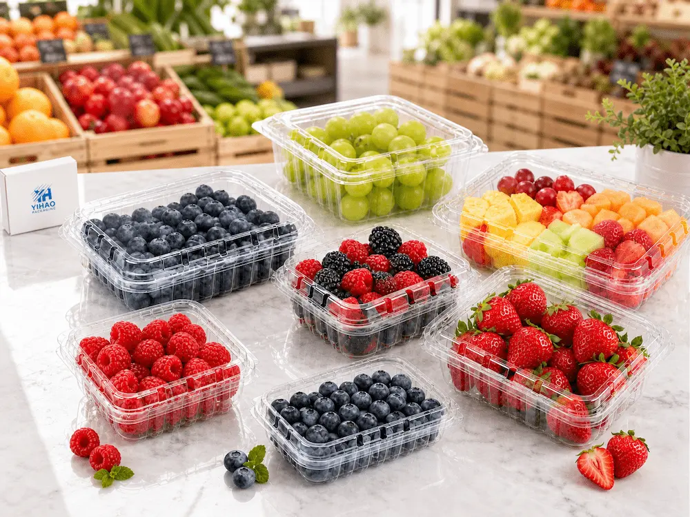 Clear PET Produce Packaging FAQ: Materials, Sizes, Uses, and Ordering Questions 3 Clear PET fresh produce packaging containers for blueberries, raspberries, strawberries, grapes, and mixed fresh-cut fruit display