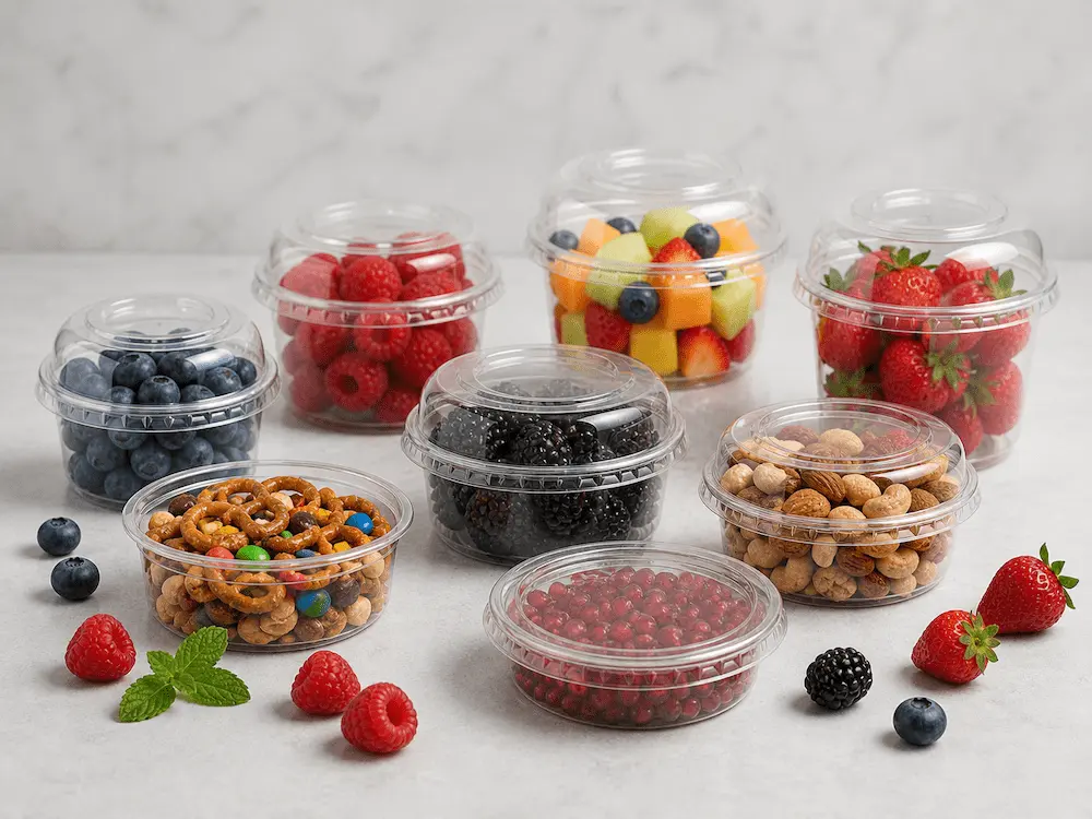 Clear PET portion containers for blueberries, raspberries, blackberries, strawberries, nuts, and snack packaging
