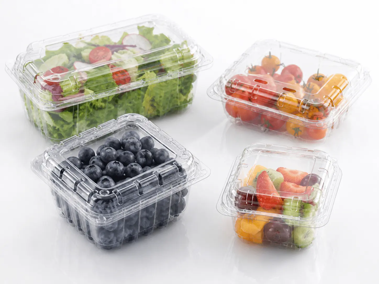 Clear PET produce containers for blueberries, tomatoes, salad, and mixed fruit packaging