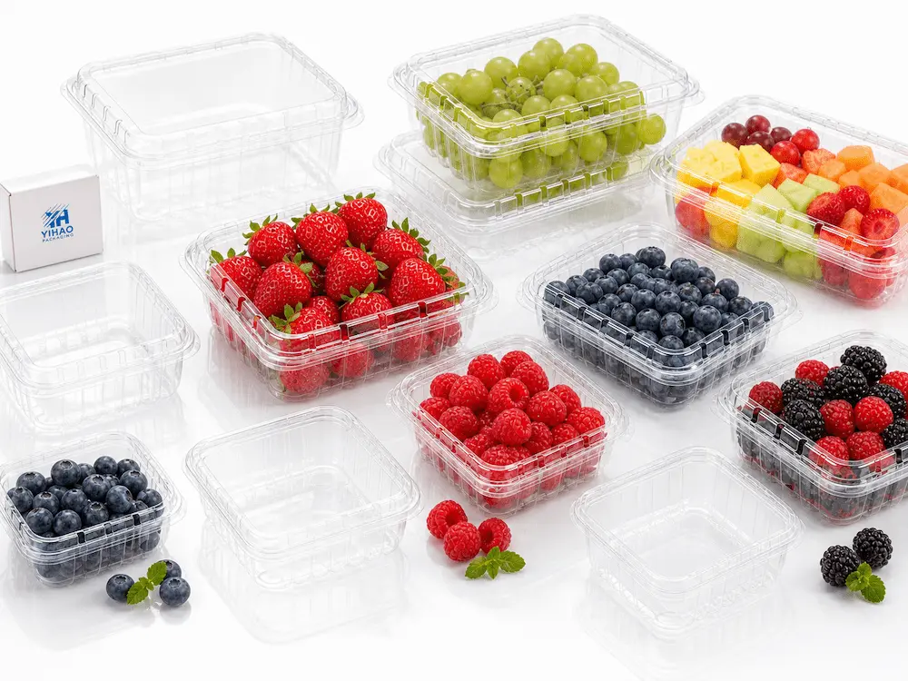 Clear PET Produce Packaging FAQ: Materials, Sizes, Uses, and Ordering Questions 2 Clear PET produce packaging structure display with empty containers, strawberry packs, blueberry packs, grape packs, and fresh-cut fruit packs