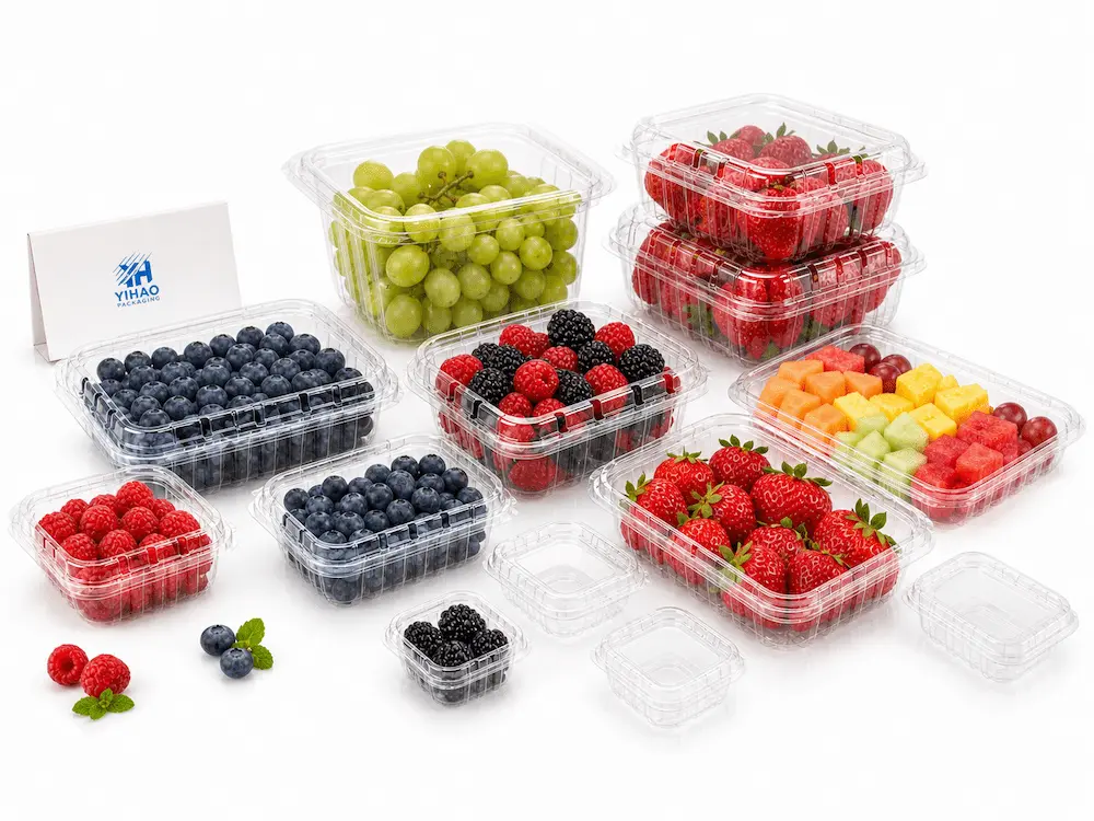 Clear PET produce packaging containers for blueberries, strawberries, grapes, berries, and fresh-cut fruit display