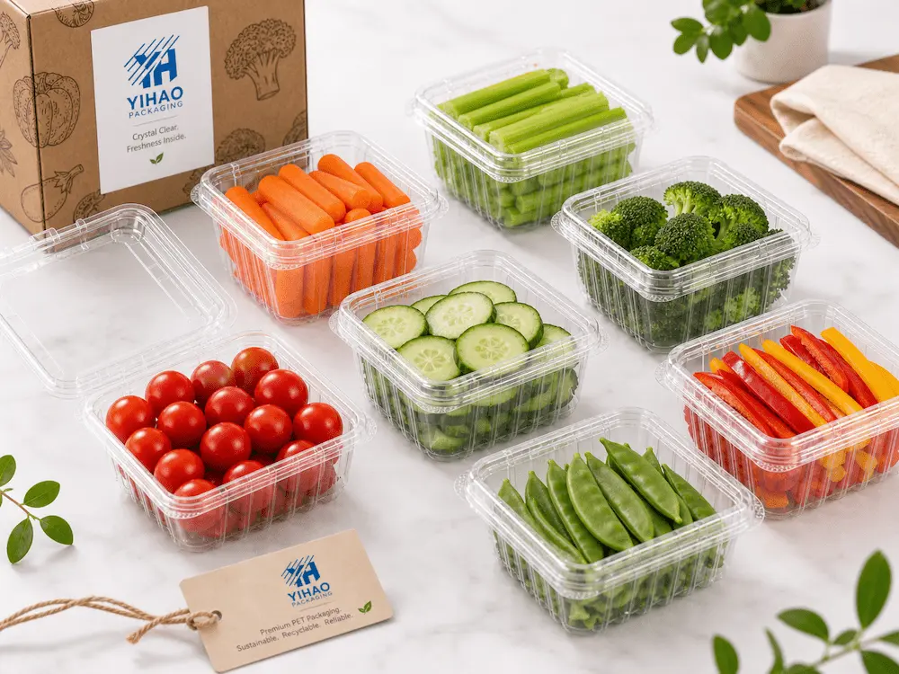 Clear PET produce packaging for tomatoes, cucumber, carrots, celery, bell peppers, and snap peas