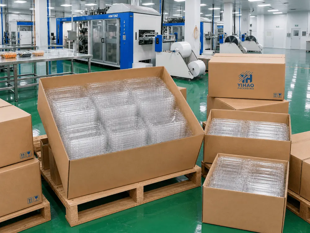 Clear PET Produce Packaging FAQ: Materials, Sizes, Uses, and Ordering Questions 8 Clear PET produce packaging wholesale supply showing carton packing, pallets, and bulk container packing