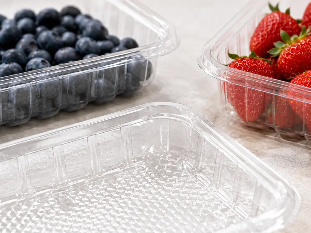 Produce Tray Packaging for Supermarkets, Cafes, Bakeries, and Foodservice Brands 2 Clear PET produce tray packaging with blueberries and strawberries