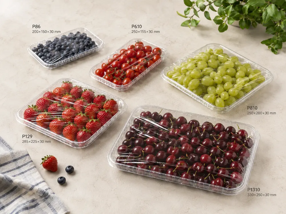 Best PET Produce Trays for Retail Display, Takeaway, and Chilled Food 1 Clear PET produce tray size options filled with blueberries, tomatoes, grapes, strawberries, and cherries.