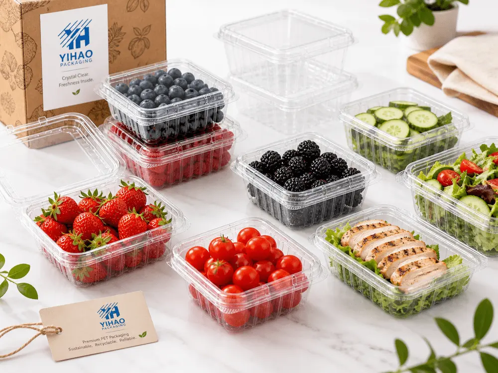 Clear PET produce trays for berries, cherry tomatoes, salads, and grilled chicken salad display