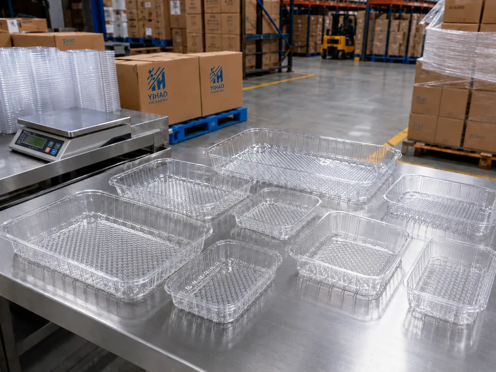 Complete Guide to Produce Trays and Clear Produce Display Packaging 5 Clear PET produce trays displayed on a stainless steel table for sample review and warehouse testing