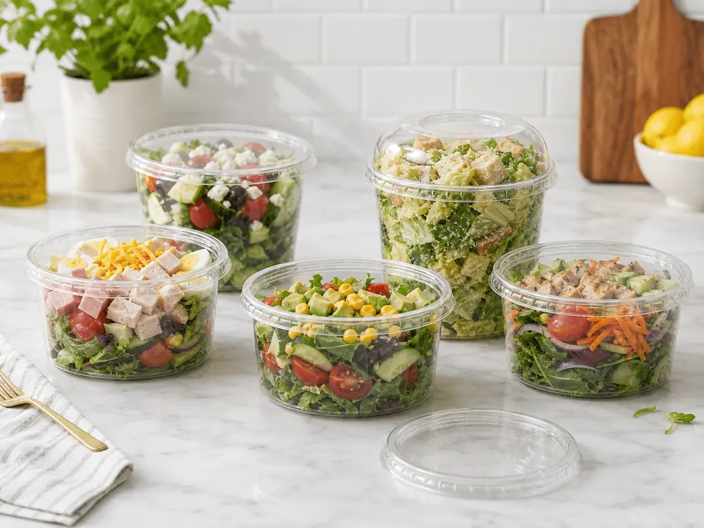 Clear PET salad containers for fresh salads, ready-to-eat meals, and chilled food packaging