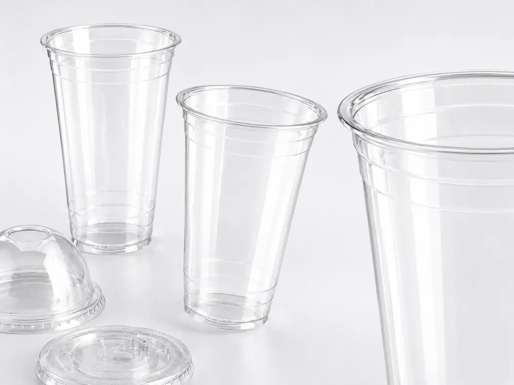 PLA Compostable Cold Cups Complete Guide 5 Clear PLA cold cups with flat lid, dome lid, and sip-through lid options
