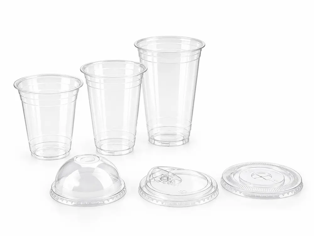 Clear PLA cold cups with flat lid, dome lid, and sip-through lid options