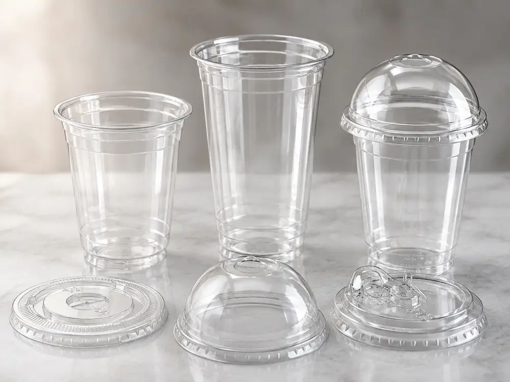 Clear PLA compostable cold cups with flat lids, dome lids, and sip-through lids