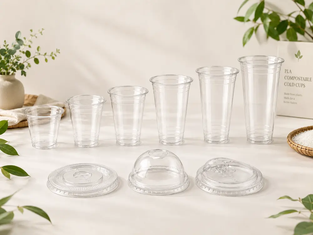 PLA Compostable Cold Cups Complete Guide 1 Clear PLA compostable cold cups and lids with plant-based packaging concept