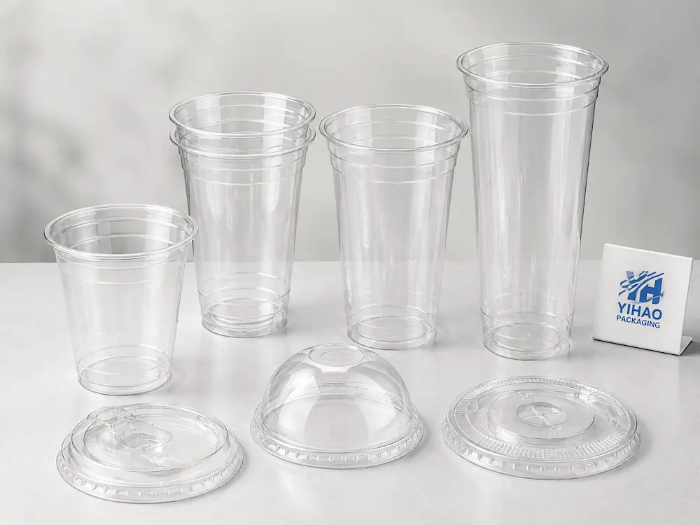 Clear PLA cups with flat lids, dome lids, and sip-through lids