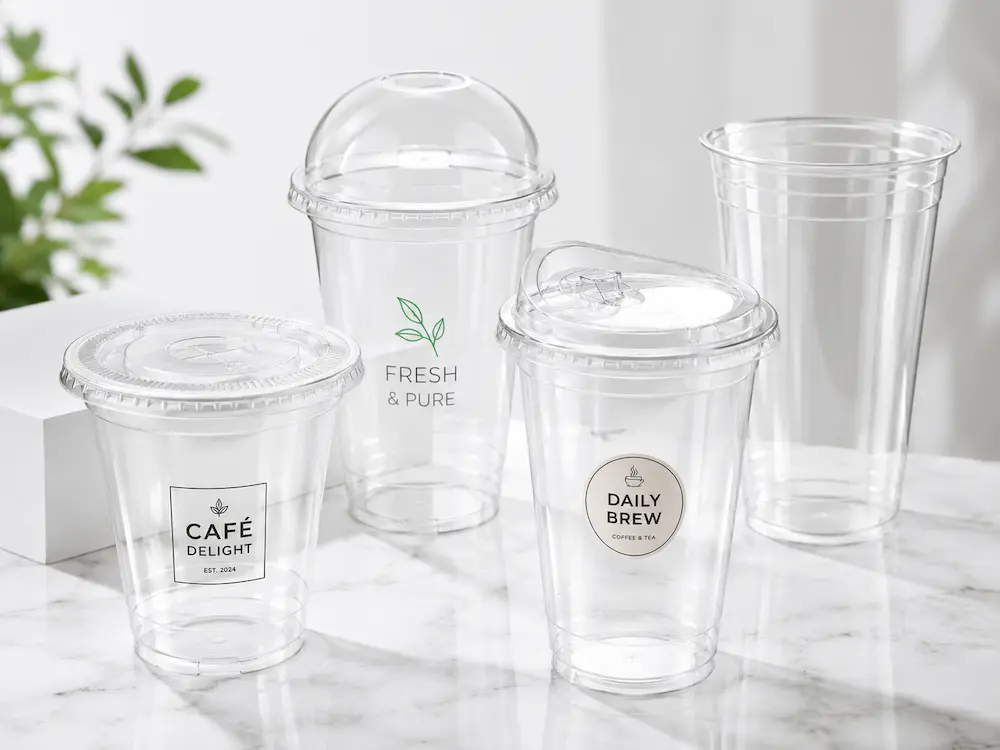 Clear PLA cups with flat lids, dome lids, sip-through lids, and custom branding options