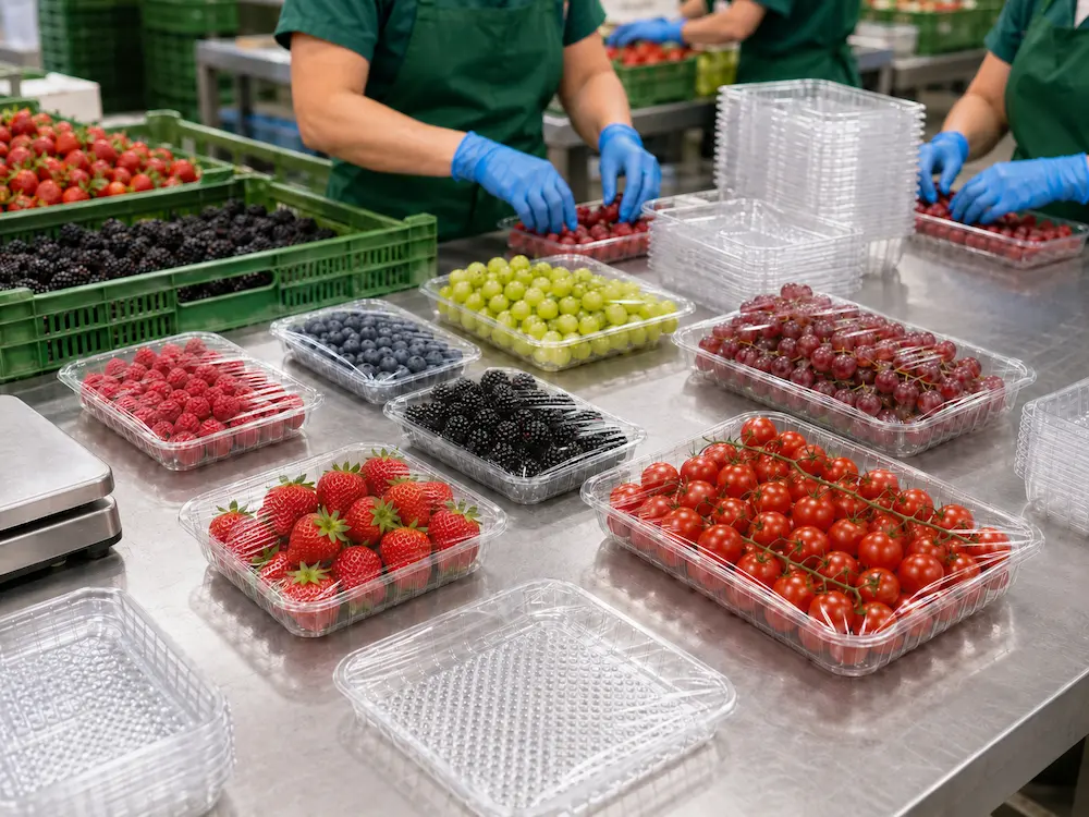 Produce packing team testing clear trays with berries, grapes, and tomatoes