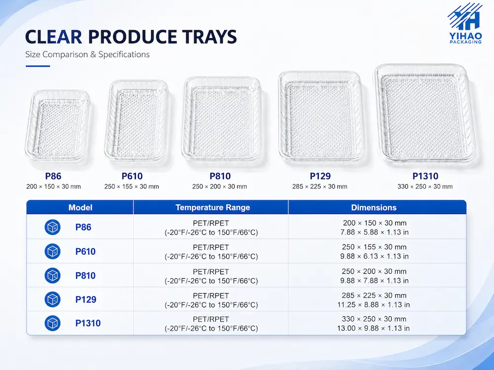 Clear produce tray size comparison chart with PET and RPET specifications