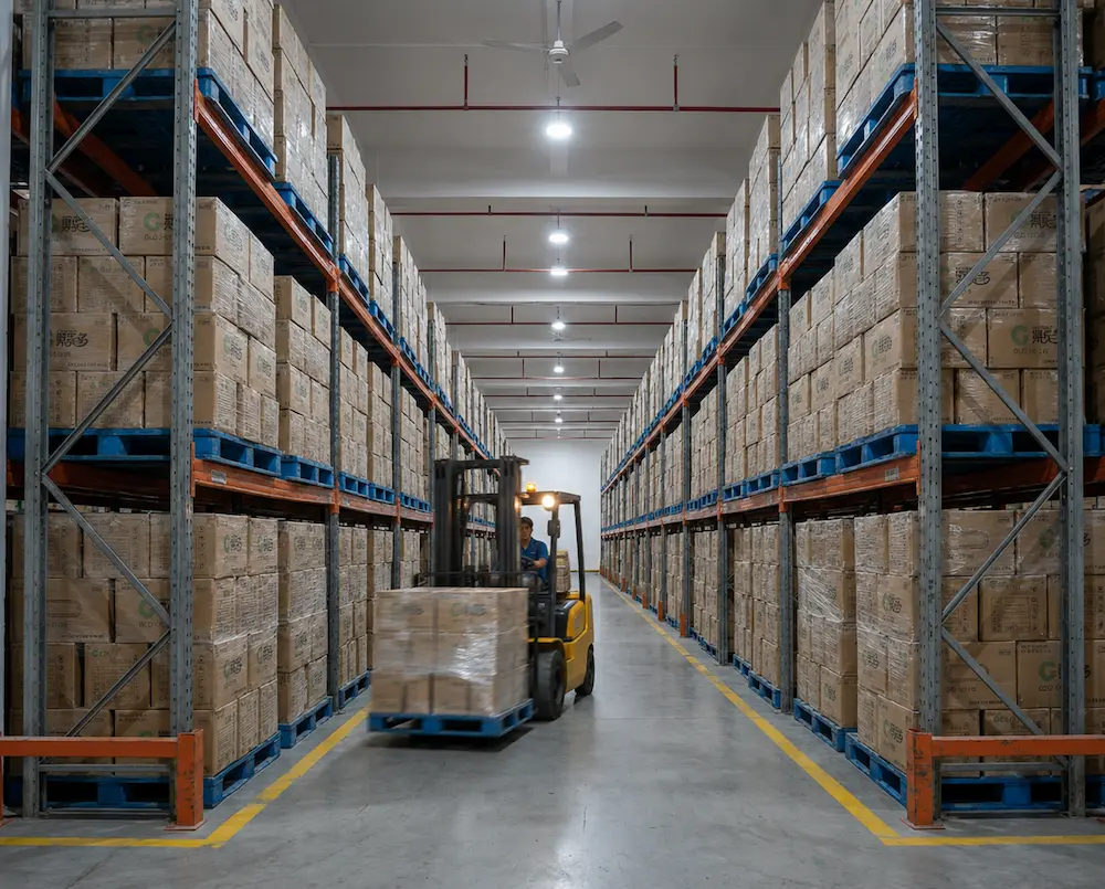 Wholesale packaging warehouse with cartons for clear produce tray distribution
