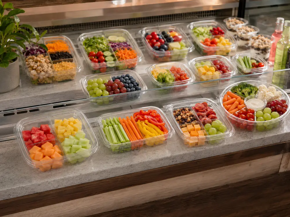 Produce Tray Packaging for Supermarkets, Cafes, Bakeries, and Foodservice Brands 3 Clear produce tray packaging for cafes and takeaway fresh food counters