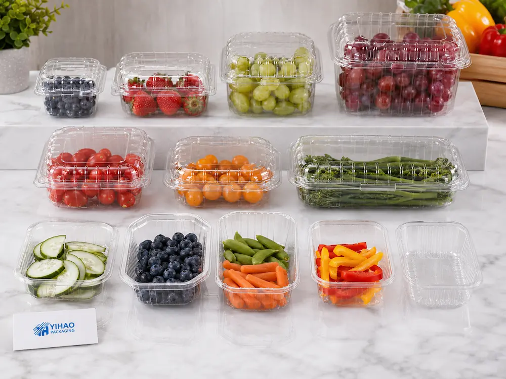 Clear produce trays filled with berries, grapes, tomatoes, cucumbers, peppers, carrots, and fresh vegetables.