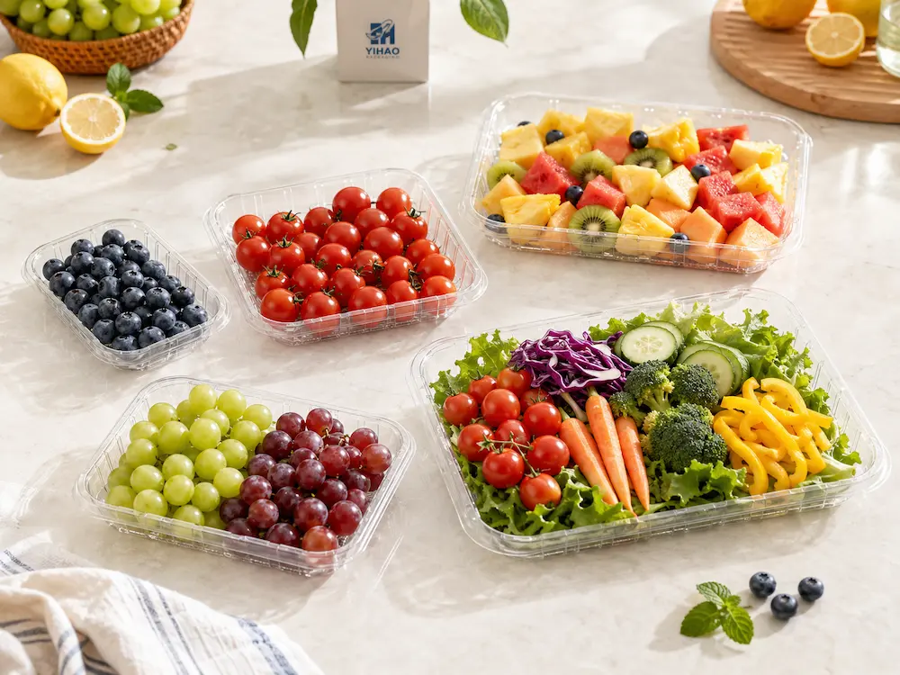 Complete Guide to Produce Trays and Clear Produce Display Packaging 3 Clear produce trays for blueberries tomatoes grapes fruit salad and vegetable packaging