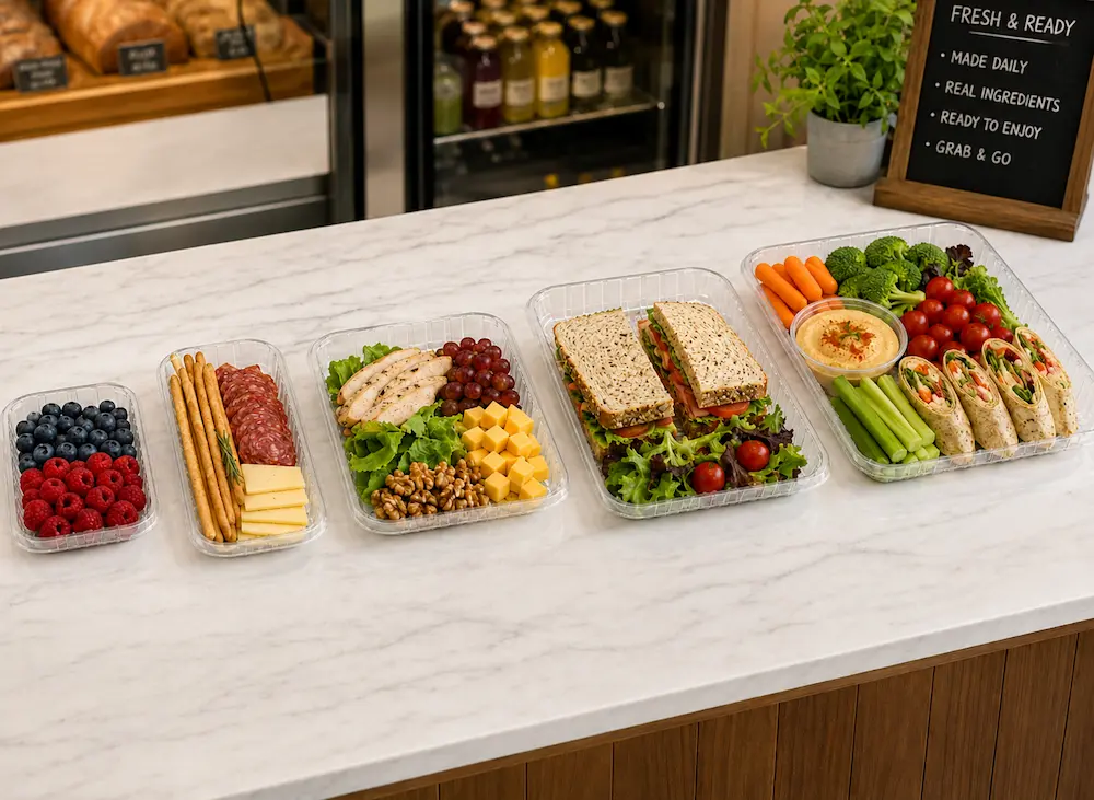 Clear produce trays for grab-and-go meals, salads, berries, and prepared food portions