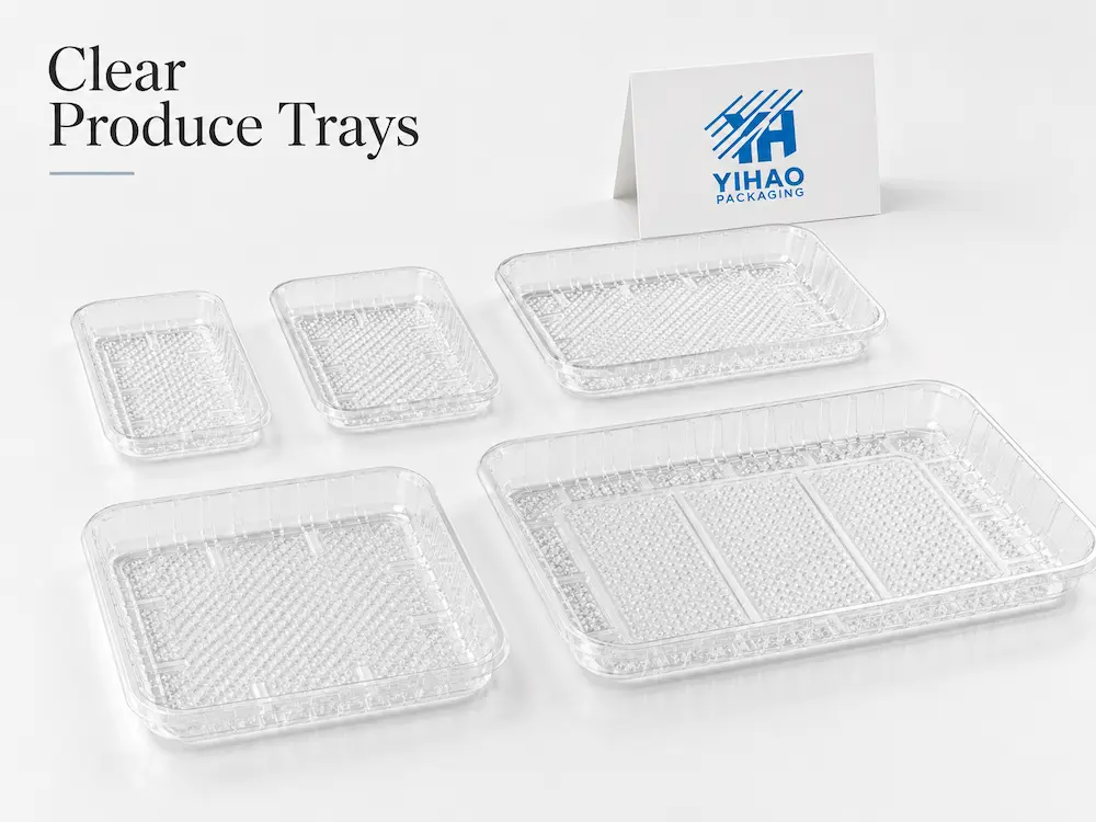 Clear produce trays in multiple PET sizes for fresh fruit and vegetable packaging