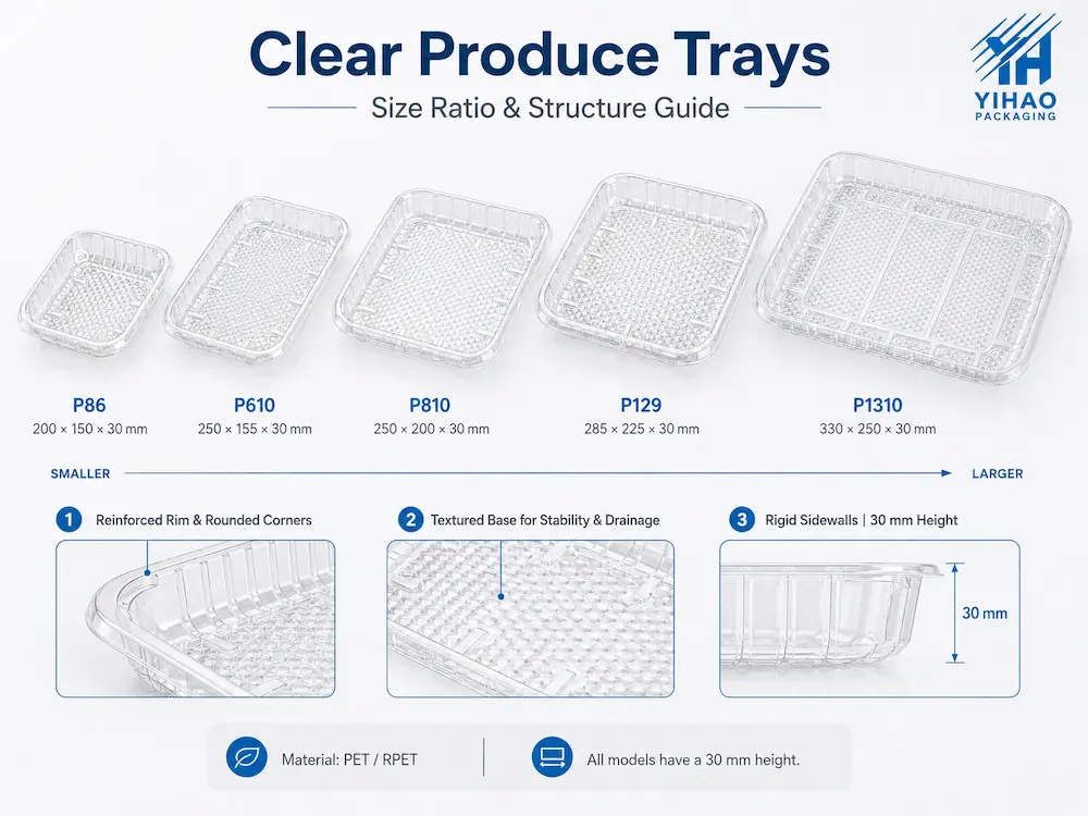Clear produce trays size ratio and structure guide for PET vegetable packaging