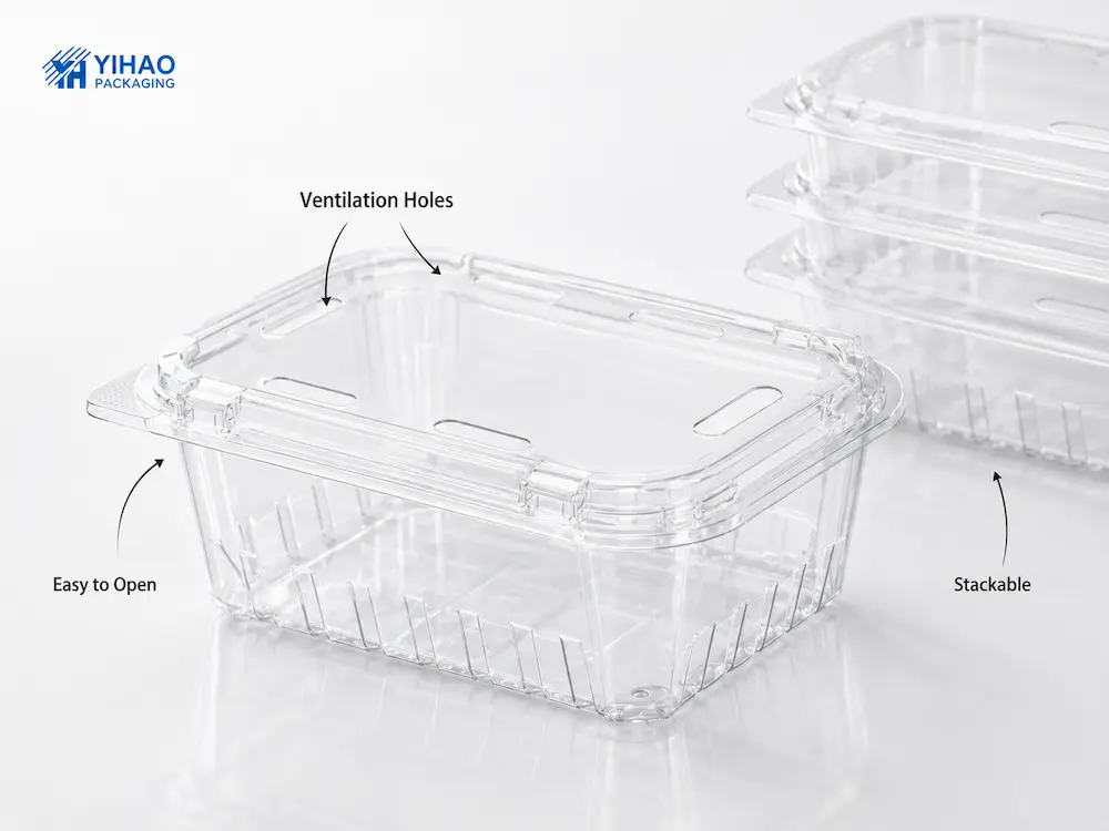 Recycled PET Fruit Containers: Buyer Guide for Food Packaging Teams 3 Clear rPET fruit container with ventilation holes easy open tab and stackable design