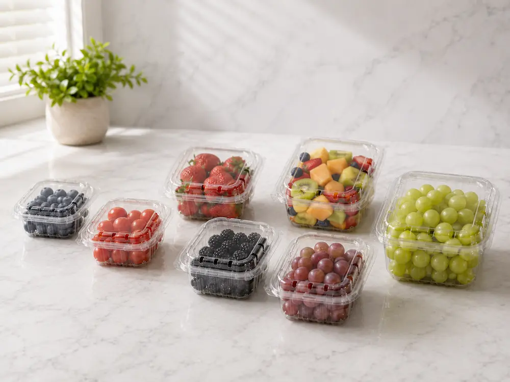 Recycled PET Fruit Containers: Buyer Guide for Food Packaging Teams 1 Clear rPET fruit containers for strawberries blueberries grapes tomatoes and mixed fruit