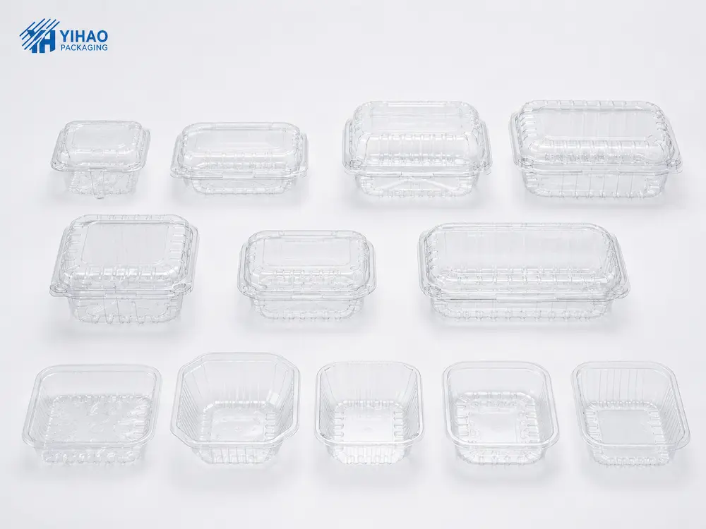 Clear supermarket produce tray range with multiple PET container sizes and YIHAO Packaging branding.