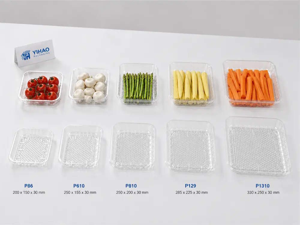 Clear vegetable tray size comparison with fresh vegetables and PET tray models