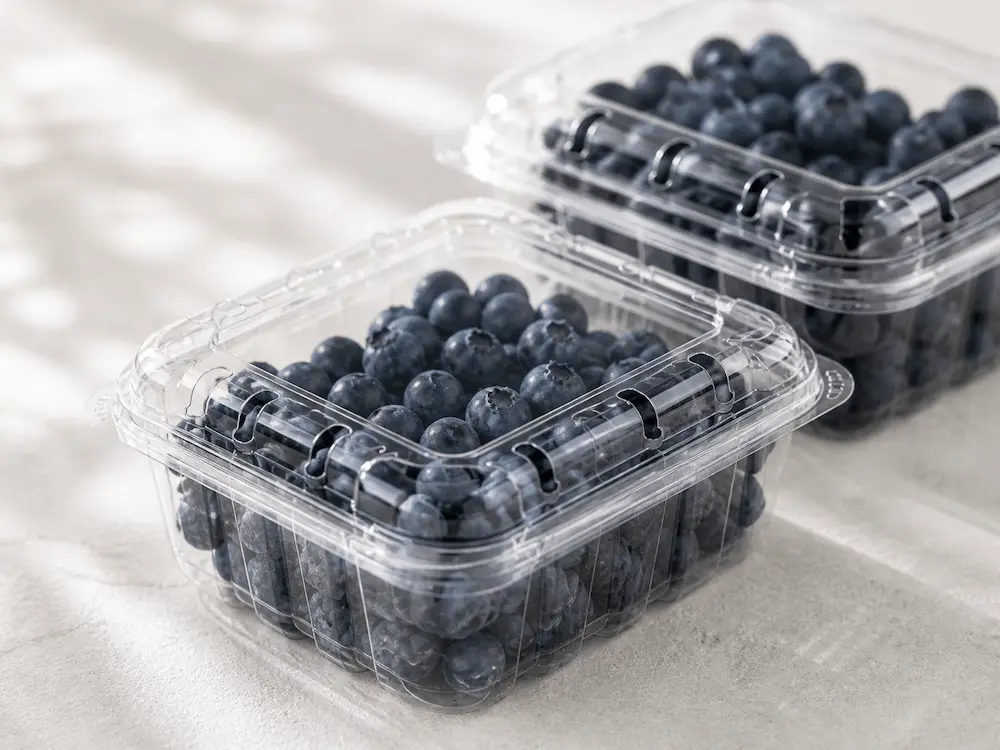 Wholesale Vented Berry Clamshells: Manufacturer and Supplier Checklist 5 Close-up of clear vented blueberry clamshell packaging