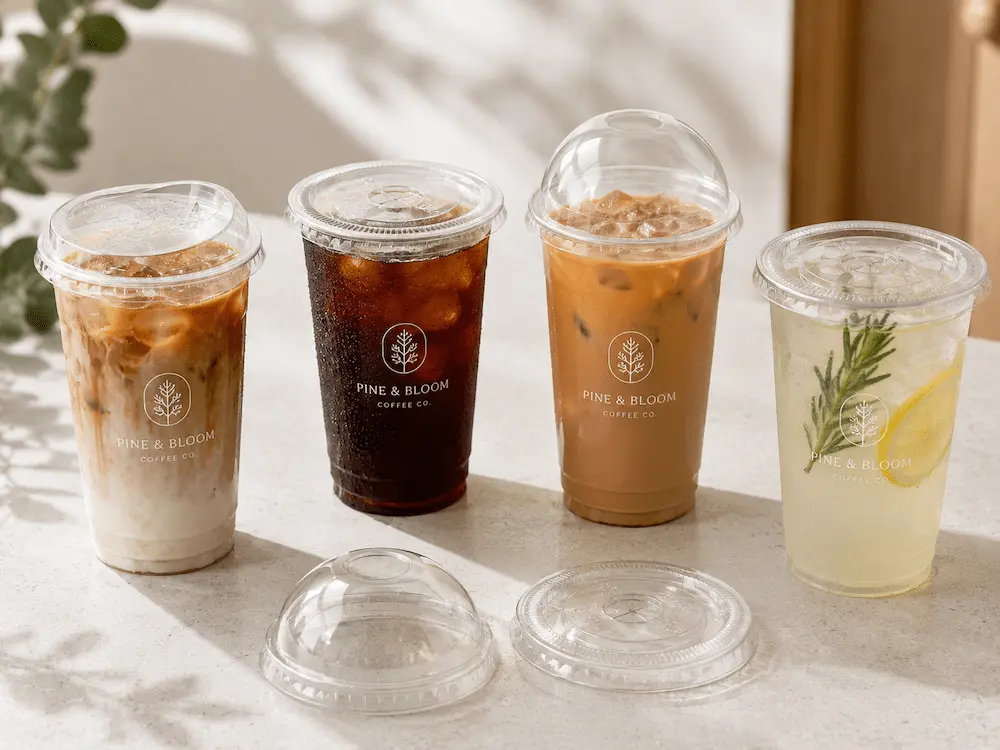 Coffee Cups with Lids FAQ: Materials, Sizes, Uses, and Ordering Questions 4 Coffee cups with lids for iced coffee, cold brew, and lemonade in clear PET cups.