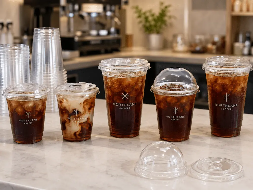 Cold Brew Cups vs Alternative Packaging: How Buyers Should Choose 3 A coffee shop counter displaying ready-to-serve cold brew cups with dome lids and flat lids, highlighting the service-friendly design for cafes.