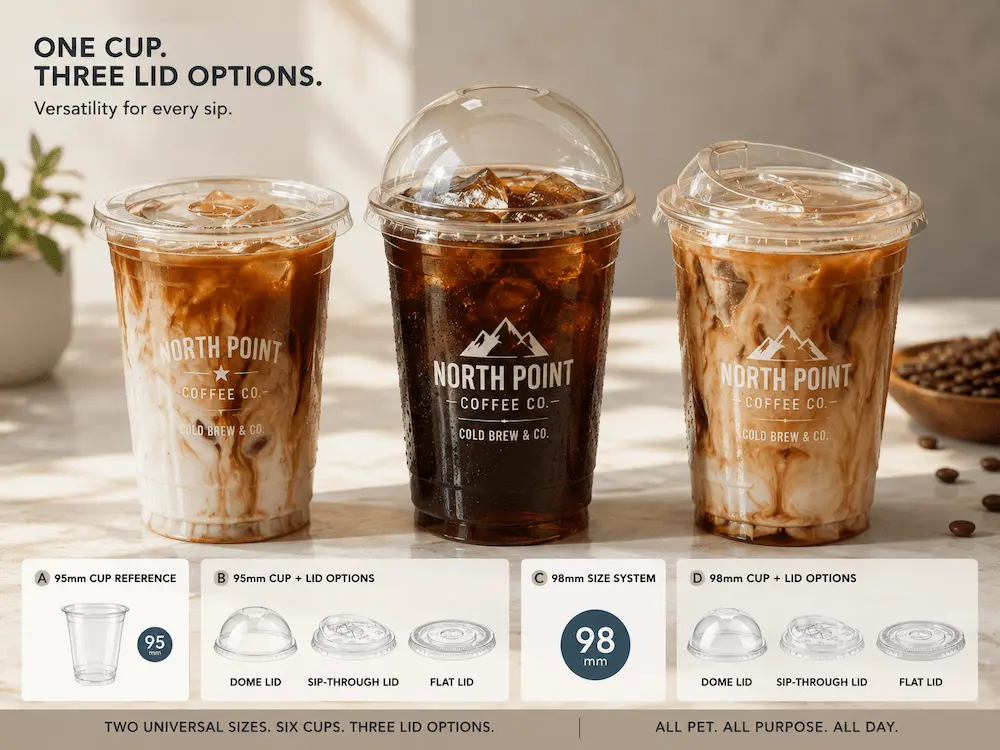 Wholesale Flavored Cold Brew Cups: Manufacturer and Supplier Checklist 8 Three clear PET cold brew cups showing flat lid, dome lid, and sip-through lid options.